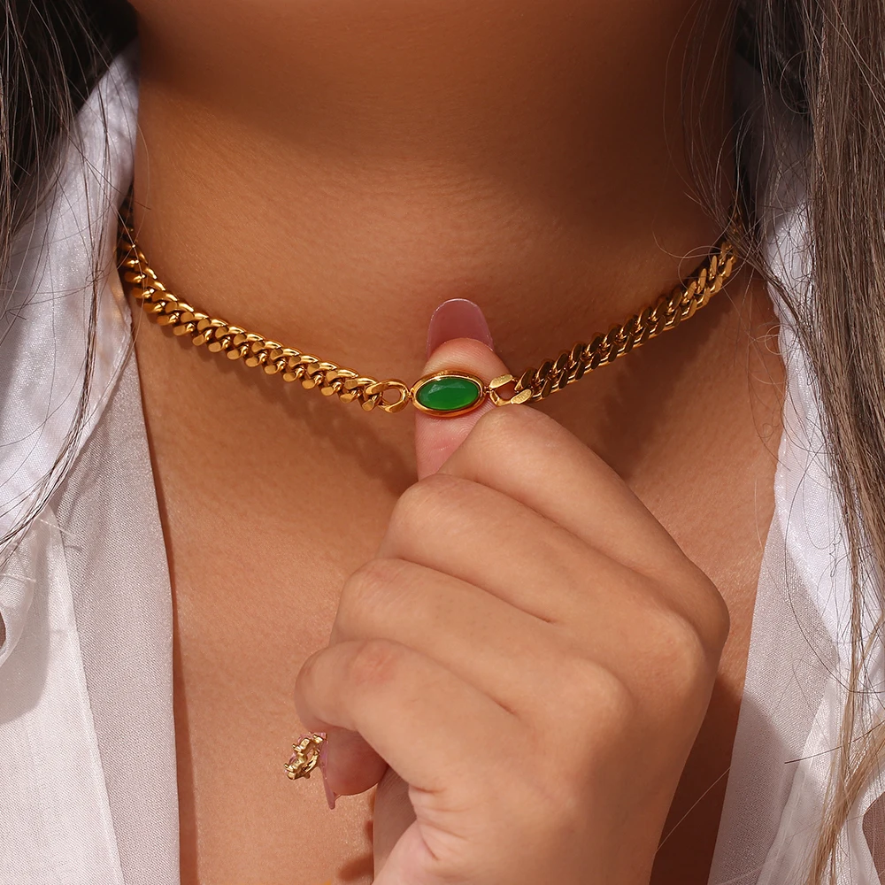 2022 New Shiny Cuban Chain Green Oval Stone Pendant Gold Plated Choker  Necklaces For Woman Stainless Steel Chain Necklace
