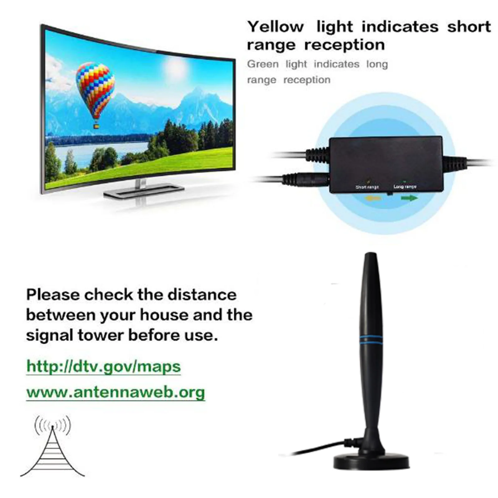 Indoor TV Antenna With Amplifier 46-862M Long Range 4K 1080P
