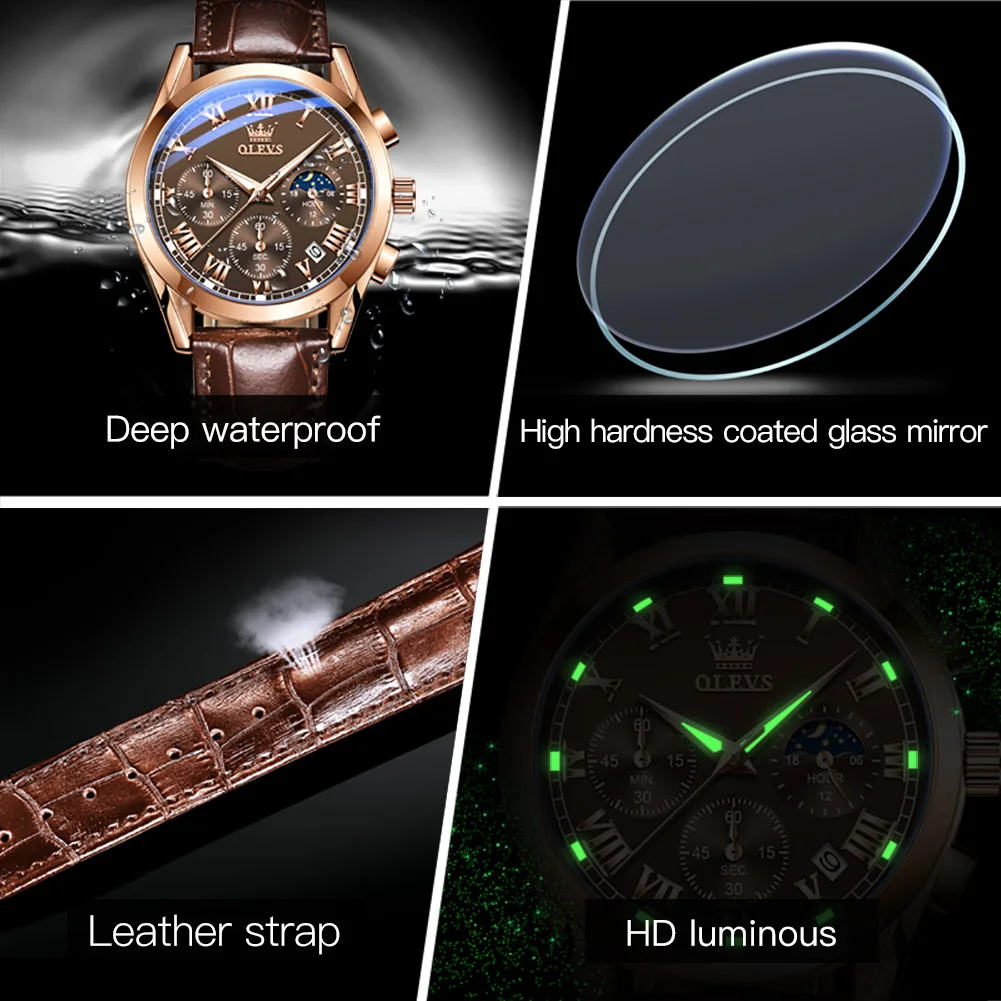 OLEVS-reloj analógico de cuero para hombre, accesorio de pulsera de cuarzo resistente al agua con cronógrafo, complemento Masculino deportivo de marca de lujo con esfera luminosa, perfecto para negocios