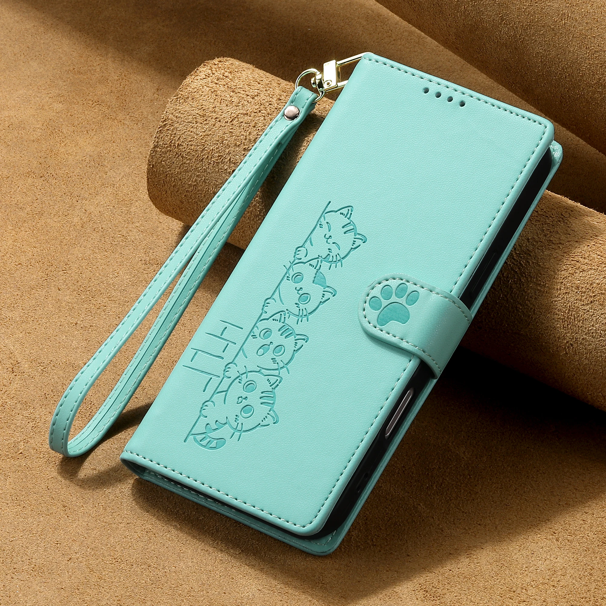 Cute Cat Leather Flip Phone Case with Strap - Stylish  Design