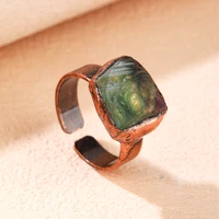 Natural Green Fluorite Raw Stone Vintage Adjustable Ring Antique Copper Electroplating Boho Unique Jewelry Women's Party Gifts 1