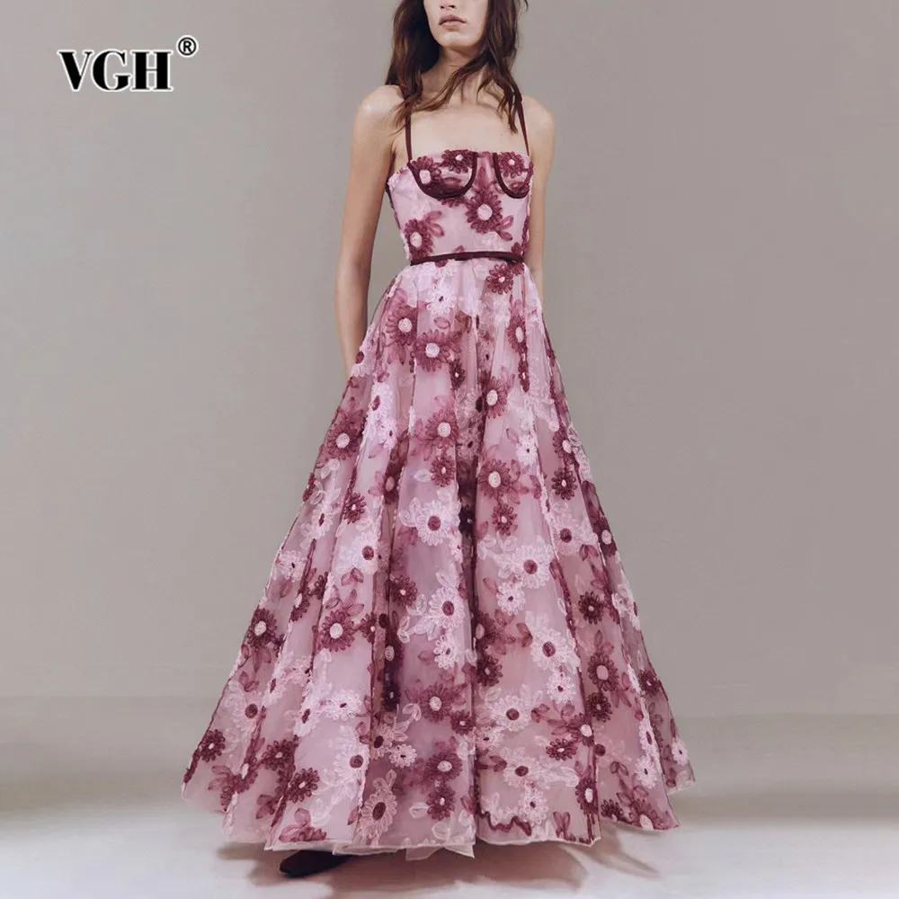 

VGH Colorblock Floral Printing Temperament Dress For Women Strapless Sleeveless Backless High Waist Long Dresses Female Fashion