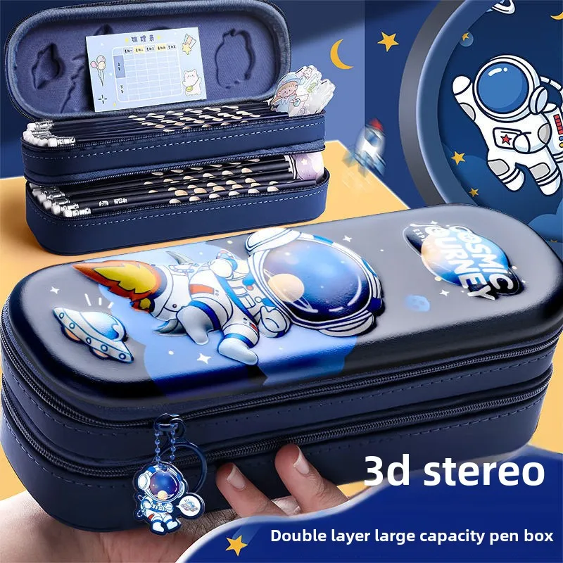 مقلمة قرطاسية ثلاثية الأبعاد متعددة الوظائف بطبقة مزدوجة ثلاثية الأبعاد للأولاد والبنات وطلاب المدارس الابتدائية باللون الأزرق