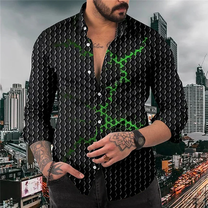 

New Spring Fashion Designe Men's Clothing Casual Hexagon Print Long Sleeve Shirtsr Turn-down Single-Breasted Club Cardigan