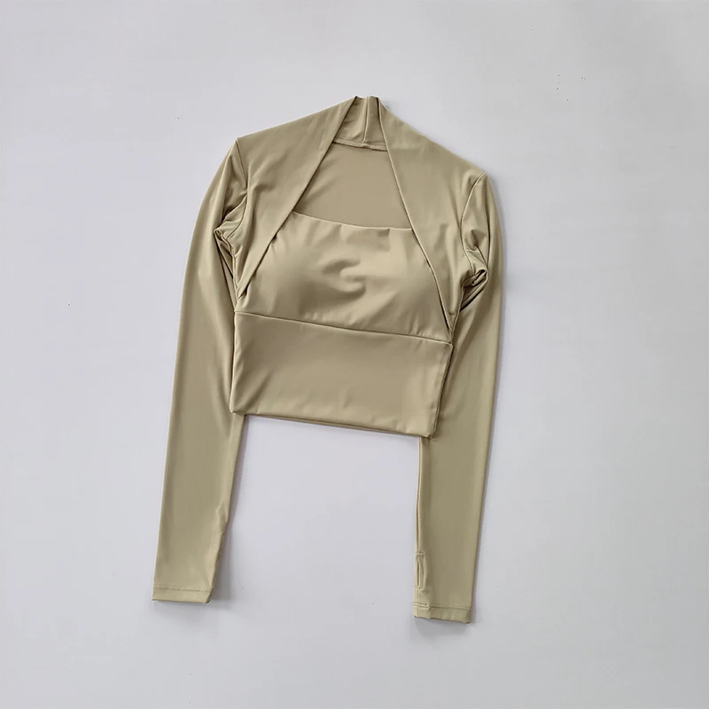 thumbnail image 1 of Top deportivo con cojín para el pecho para mujer, camisas de manga larga, ropa corta elegante para baile y Yoga, cintura pequeña para gimnasio, 1 of 6