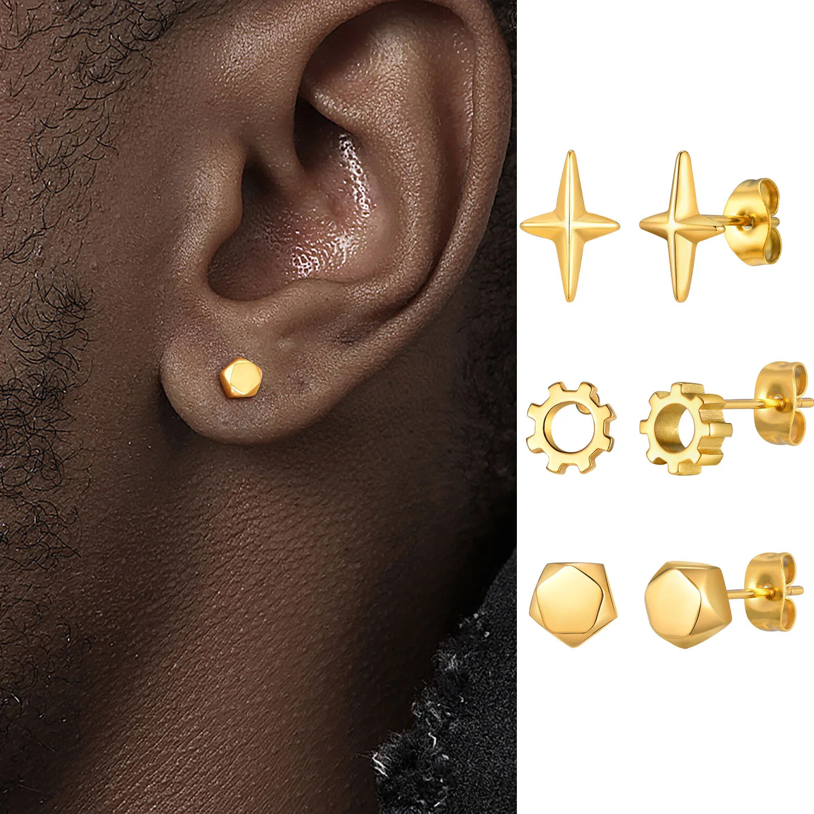 Goldfarbene Ohrstecker für Männer und Jungen, kleine Anti-Allergie-Edelstahl-Ohrringe, einfache Hip-Hop-Schmuckgeschenke