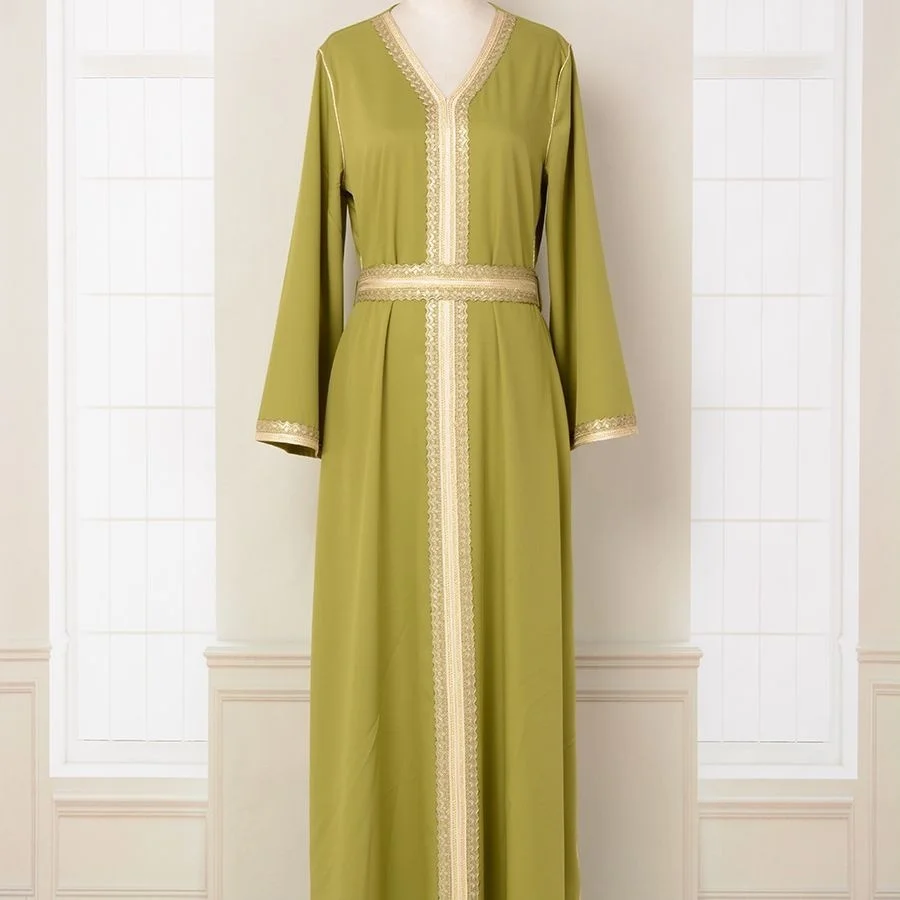 

MT098 Dubai Muslim Robe Women's Embroidered Gold Beaded Lace Dress Abaya