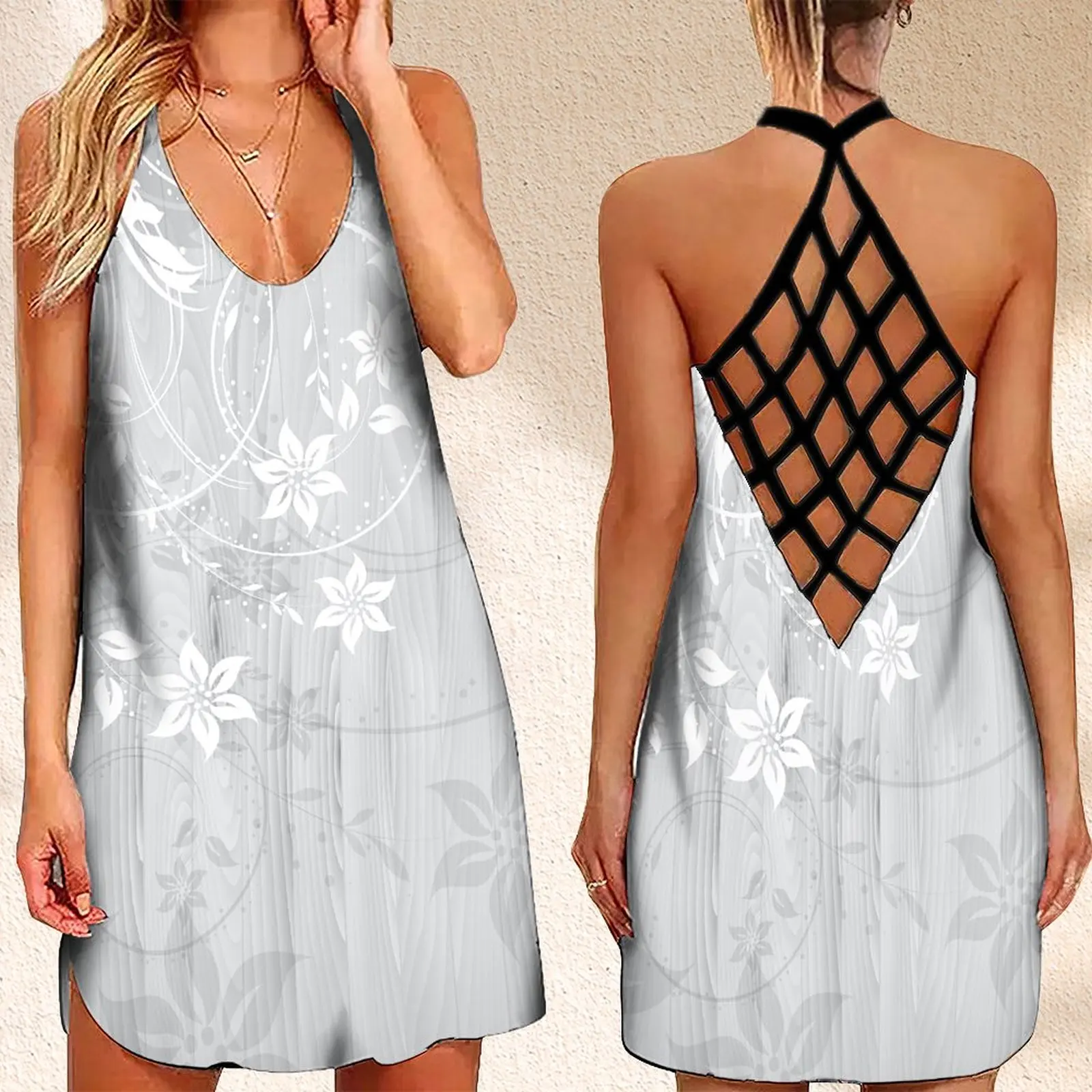 

Summer Women's Criss Cross Backless Sleeveless Dress VintageDress For Girls Glitter FlowersPrint Clothing