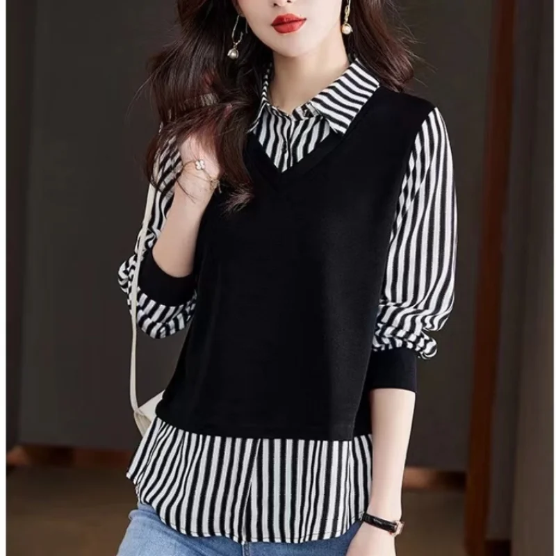 Temperament Women's Clothing Autumn and Winter New Splice Buttons Simplicity Stripe POLO Collar Long Sleeve Commuter Pullover 2023 autumn korean edition high waist simplicity casual women clothing buttons slim fit all match warm straight leg pants