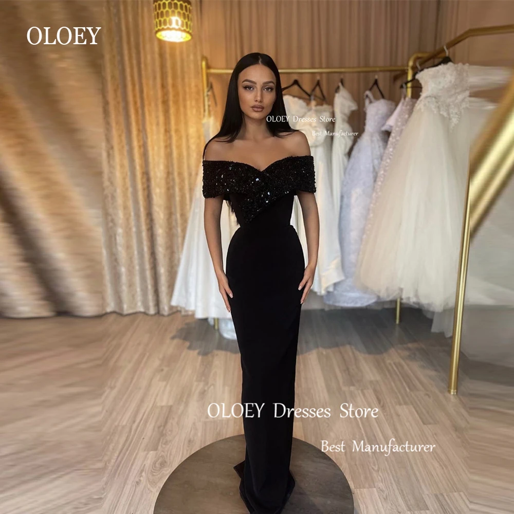 

OLOEY Sparkly Sequin Black Mermaid Evening Dresses Off the Shoulder Sleeves Arabic Lady Prom Gowns Formal Party Dress Vestidos