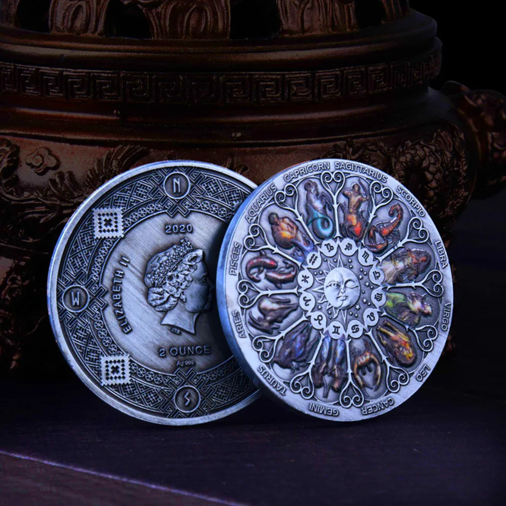 

Dropshipping High-quality Copy Coin 2021 High Relief Commemorative Coin Tuvalu 12 Constellation Zodiac Colored Silver Coin