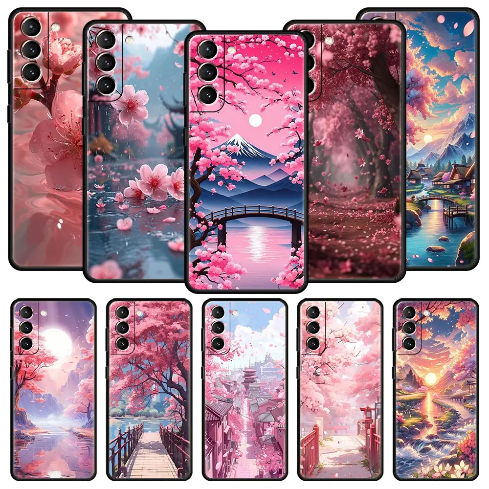 Pink Spring Cherry Blossoms Black Soft Phone Case Cover