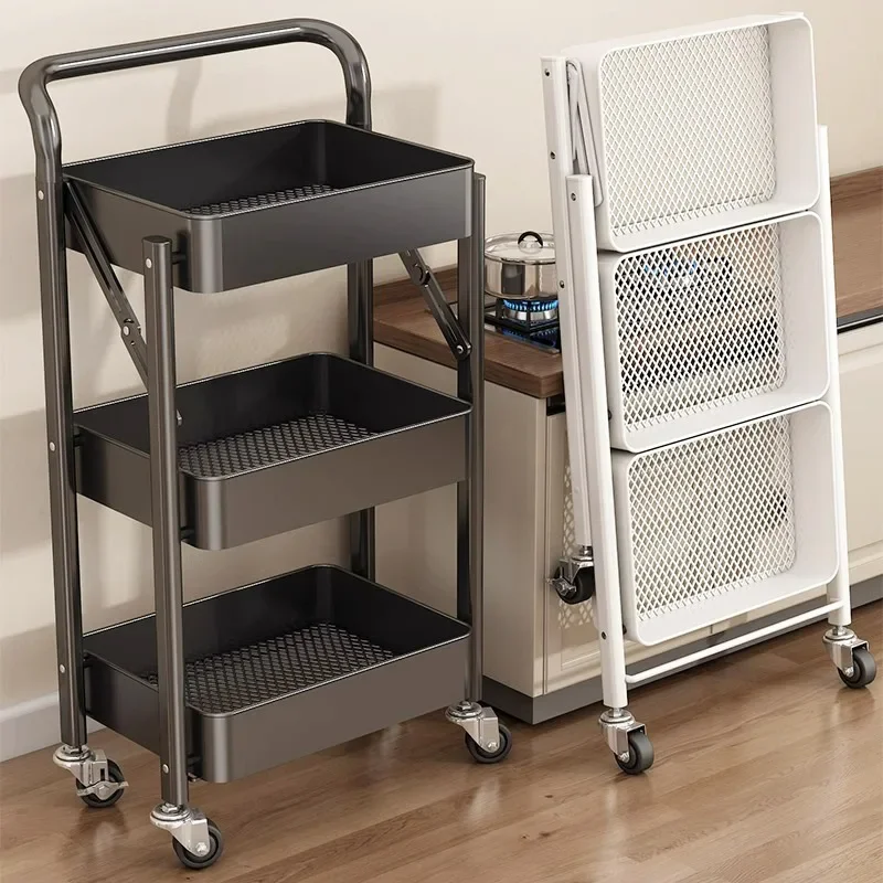 Folding Storage Rack Trolley Living Room Shelf Cart with Wheels Mobile Storage Organizer Multi-Layer Kitchen Rack