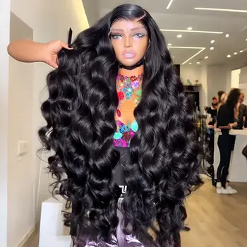 Loose Wave Black Color 13X4X1 Lace Frontal Synthetic Guleless Wig For Black Women Preplucked Cosplay Daily Drag Queen Party 1