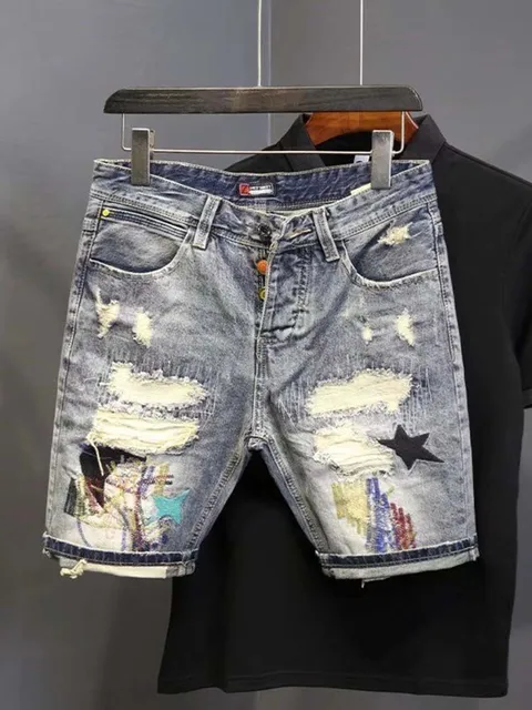 Ripped Denim Pantalon Corto De Jeans Hombre Men's Ripped Denim