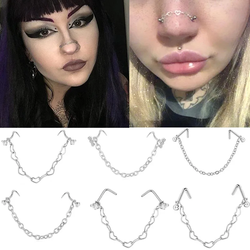 1pcsStainlessSteelDoubleNoseRingBallNoseNailNoseChain