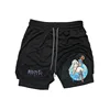 Frieren Print 2-in-1 Running Shorts Men Gym Workout Compression Shorts Phone Pocket Towel Loop Summer Sport Athletic Activewear