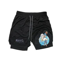 Frieren Print 2-in-1 Running Shorts Men Gym Workout Compression Shorts Phone Pocket Towel Loop Summer Sport Athletic Activewear