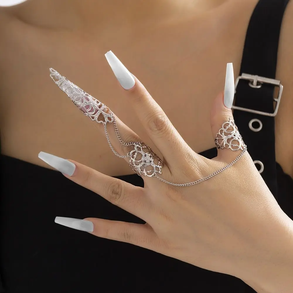 New Hollow Flower Chain Open Finger Rings for Women Punk Two Link Ring Jewelry Party Gift