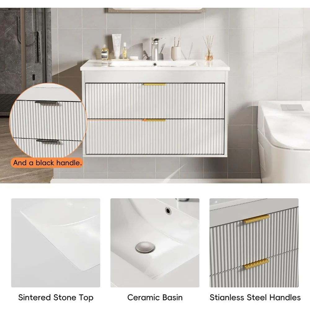 30'' Floating Bathroom Vanities with Sink, Wall Mounted Bathroom Floating Vanity with Ceramic Sink,2 Drawers, Soft-Close Doors 4