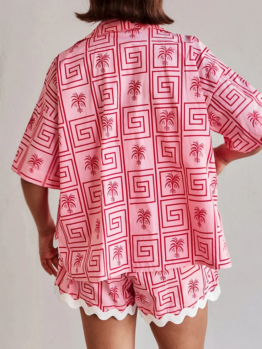 Mathaqiqi Casual Women'S Nightwear Suit Sexy Turn-Down Collar Pajamas Half Sleeve Nightgowns Shorts Printing Summer Home Clothes