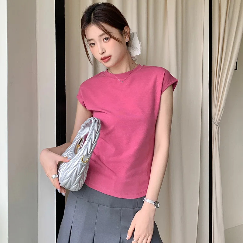 

Summer Solid Color Small Flying Sleeves Women's 2024 New Small Short Sleeved T-shirt Slim Fit Underlay Top