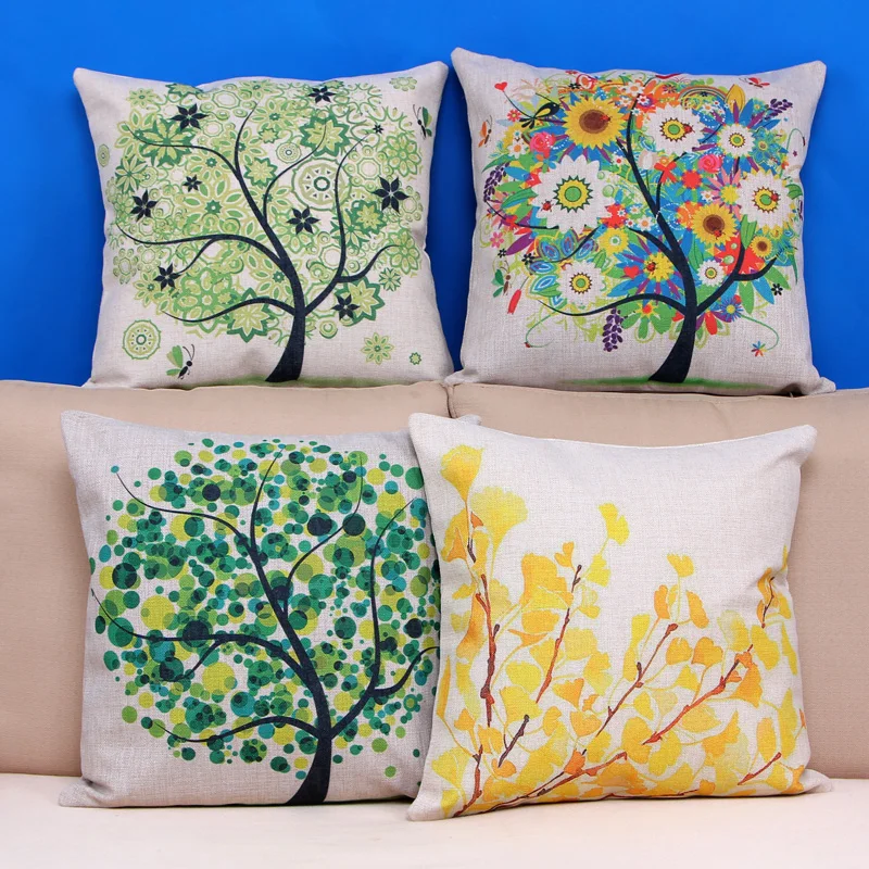 

Four Seasons Plant Trees Design Linen Cotton Sofa Hidden Zipper Cushion Cover Polishing Pillowcase Living Room Decorative Gift
