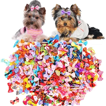 100PCS Puppy Bow Handmade Movable Pet Dog Grooming Hair Accessories Dog Bows With Rubber Band For Small Dog and Cat Pet Products 1
