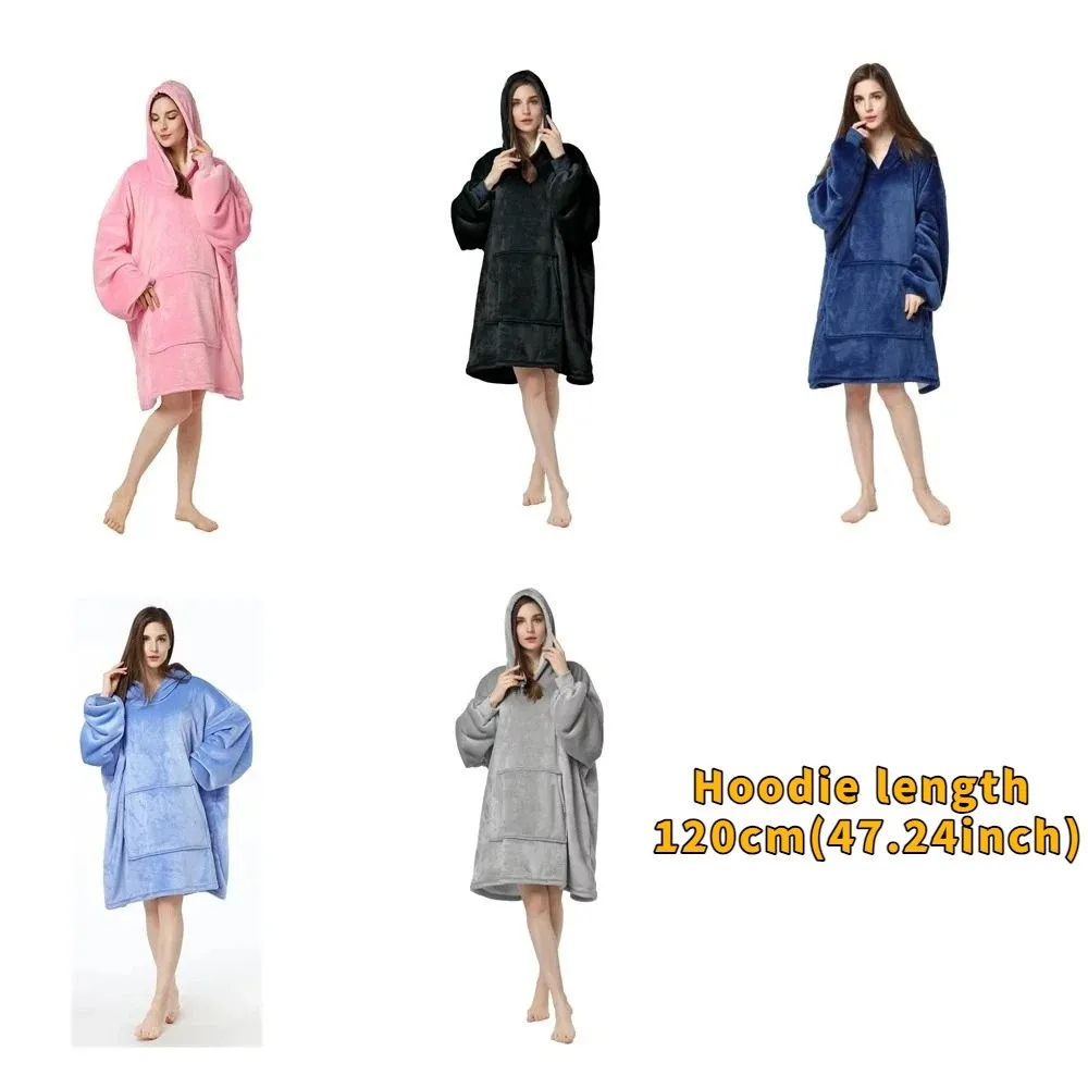 Solid Color Warm Flannel Robe Long Sleeve with Pocket Hooded Pajamas Comfortable Oversize Couples Wearable Robe Home Wear