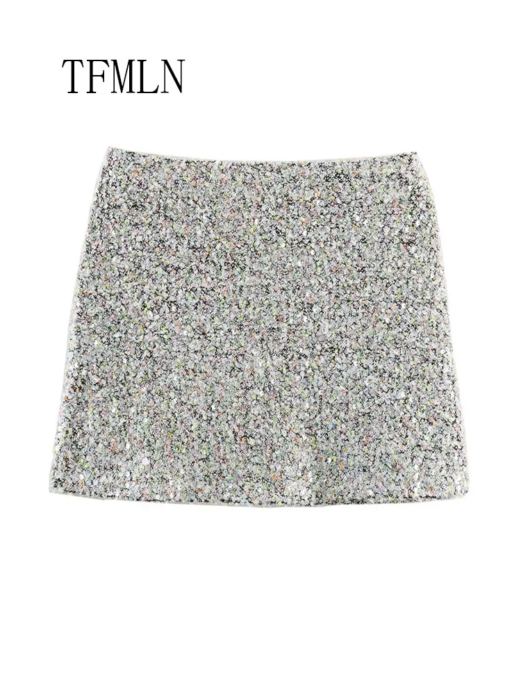 Fashion Women Sequin Tops Skirt Suits 2026 Spring Chic Causal O-neck Long Sleeve Pullover Shirts High Waist Mini Skirts Outfits
