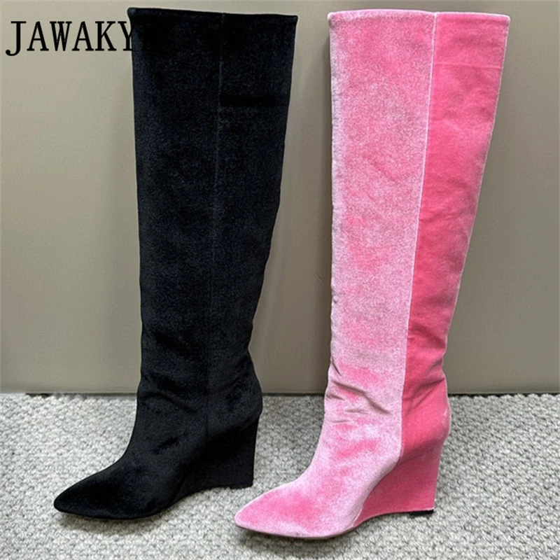 

2023 Autumn Pink Velvet Pointy Toe Wedge Heels Long Boots For Women Brand Sexy Knee-High Boots Fashion Week Thigh Botas Mujer