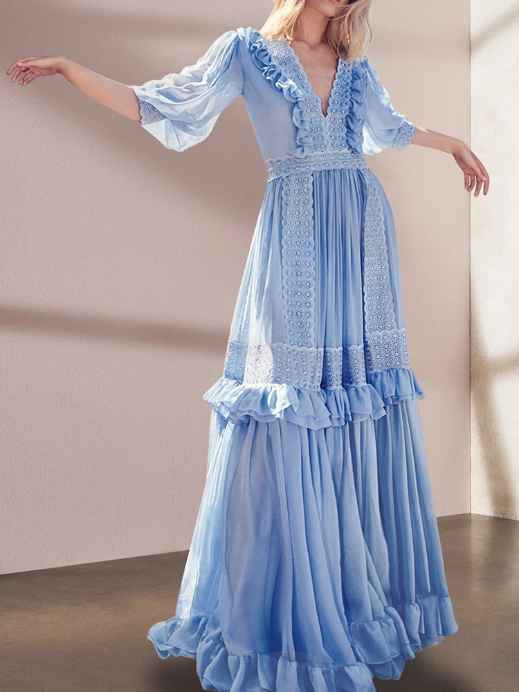 

Gedivoen Fashion Designer Summer Vintage Pleated Dress Women's Holiday Party Lace V-neck Ruffles Blue Color Loose Long Dress