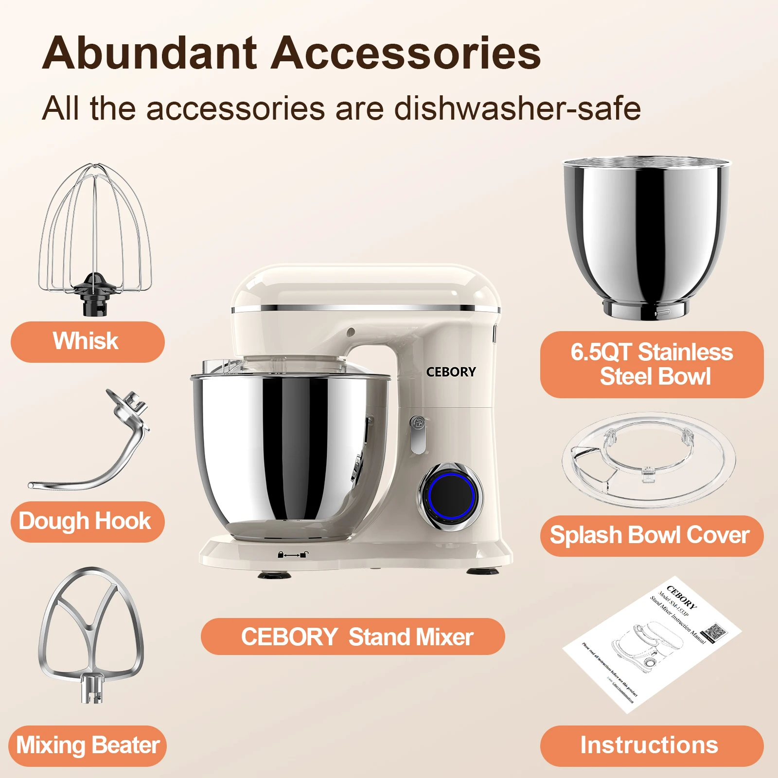 3-IN-1 Electric Stand Mixer, 660W 10-Speed With Pulse Button, Attachments include 6.5QT Bowl, Dough Hook, Beater, Whisk