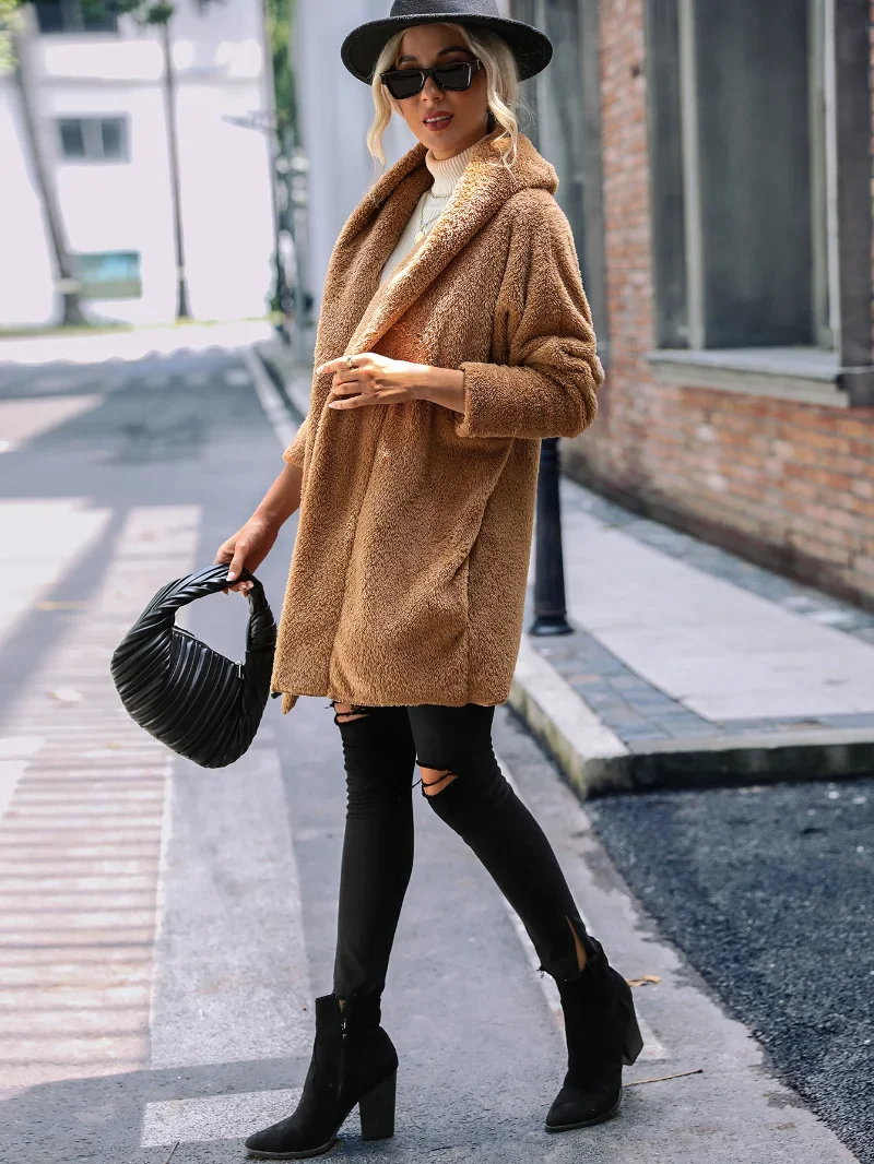 Autumn Winter 2022 New Flashy Women's Double Sided Velvet Coat Plush Buckle Free Cardigan Solid Color Loose Long Polo Sweater