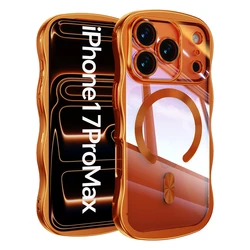 Luxury Plating Magnetic Transparent Phone Case with Wavy Frame Design - iPhone 15 (Orange)
