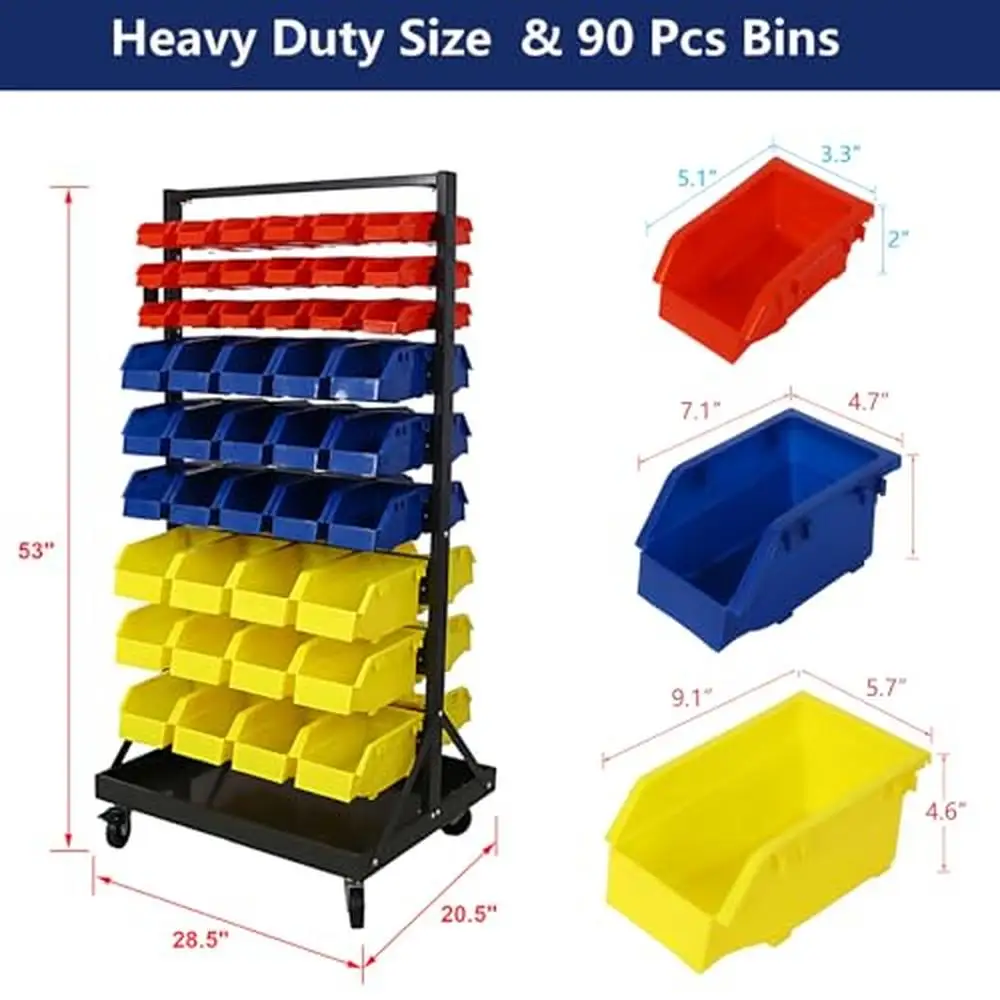 Steel Frame 90 Parts Bin Rack System with Lockable Casters Label Area Space-Saving Design Mobile Organizer Shop Storage Bin Rack
