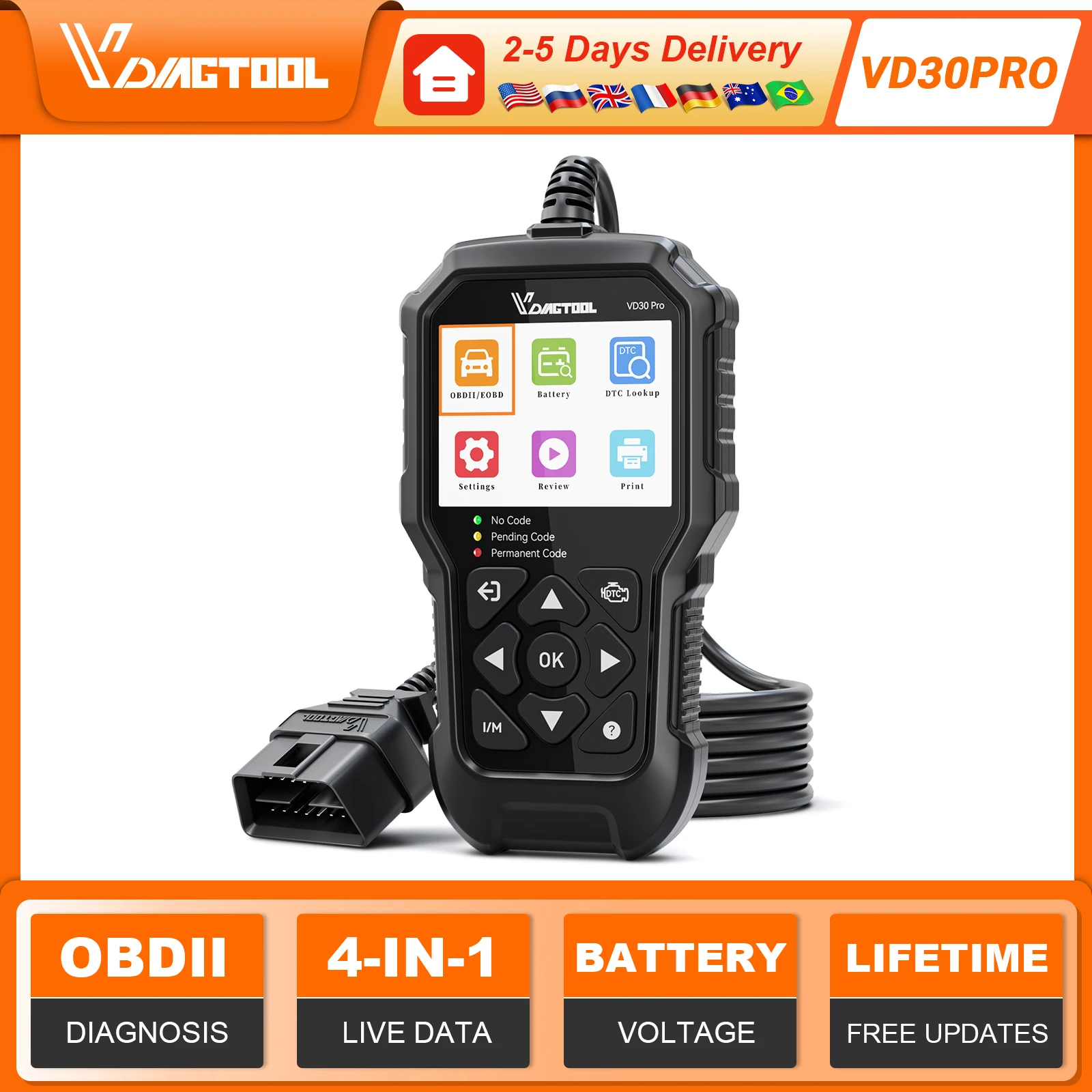VDIAGTOOL VD30Pro OBD2 Scanner Car Diagnostic Tool Check Engine Battery Voltage Testing I/M Code Reader Readiness for OBDII Cars