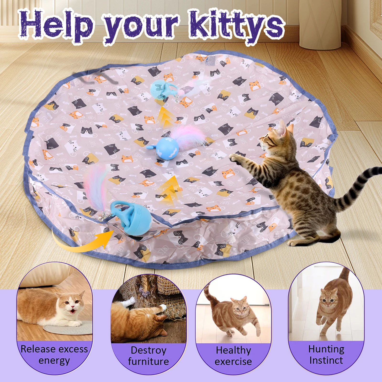 Interactive Cat Toy Ball Fast Rolling in Pouch Mouse Catching Game Reusable Cat Mat Toy for Pet Hide and Seek Game Accessories