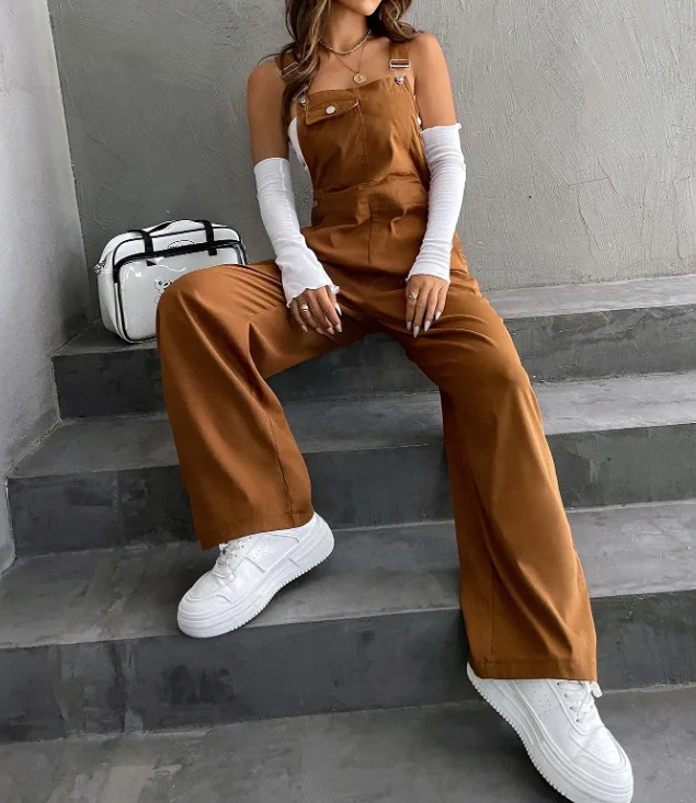 Retro Pocket Solid Color Straight Leg Utility Overalls Loose Fashion Casual Pants