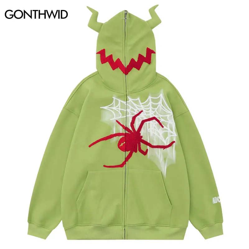 

Hip Hop Devil Horns Hoodie Coat Y2K Harajuku Embroidery Spider Web Full Zip Up Hooded Sweatshirt Streetwear Fashion Emo Coats