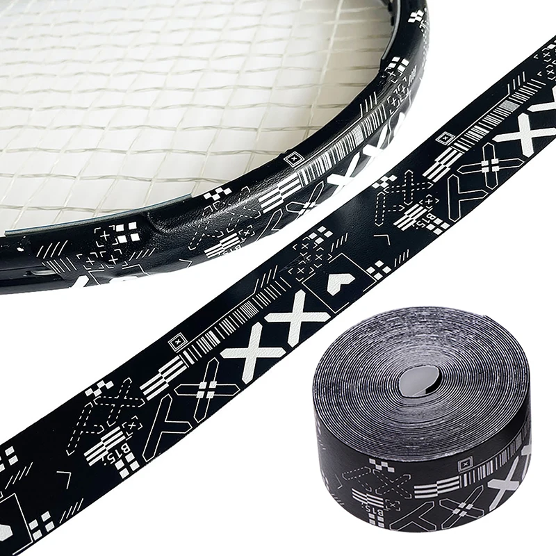 Racket Grip Tape Tennis Racket Tape 1Roll 500CM Black White Print Tennis Racket Paddle Head Protection Tape PU Stickers For Beach Pickleball Racket Sport Parts