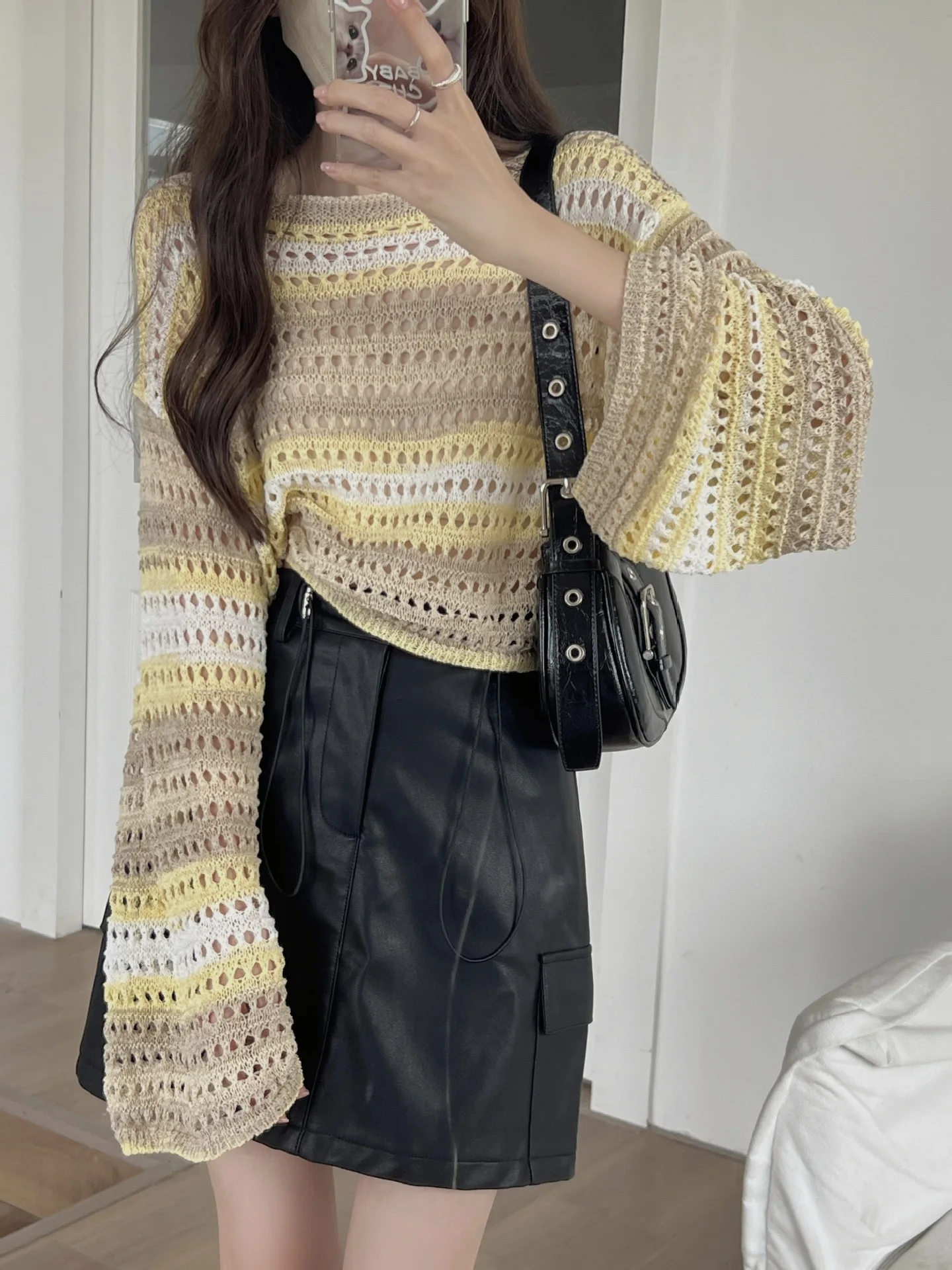 

Korean Stripe Y2k Hollow Out Fishnet Sweaters Smock Crop Tops Women Fairycore Oversize Sweater Grunge Goth Design Loose Clothing