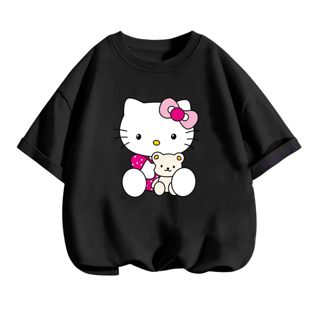 헬로 키티 산리오 여름 의류 3-14Y 어린이 카와이 캐주얼 애니메이션 소년 의류 소녀 티셔츠 티