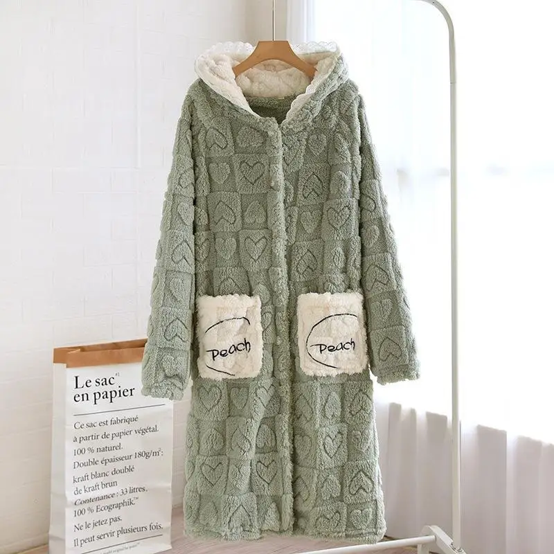 Thick Pullover Coral Fleece Hooded Warm Nightgown