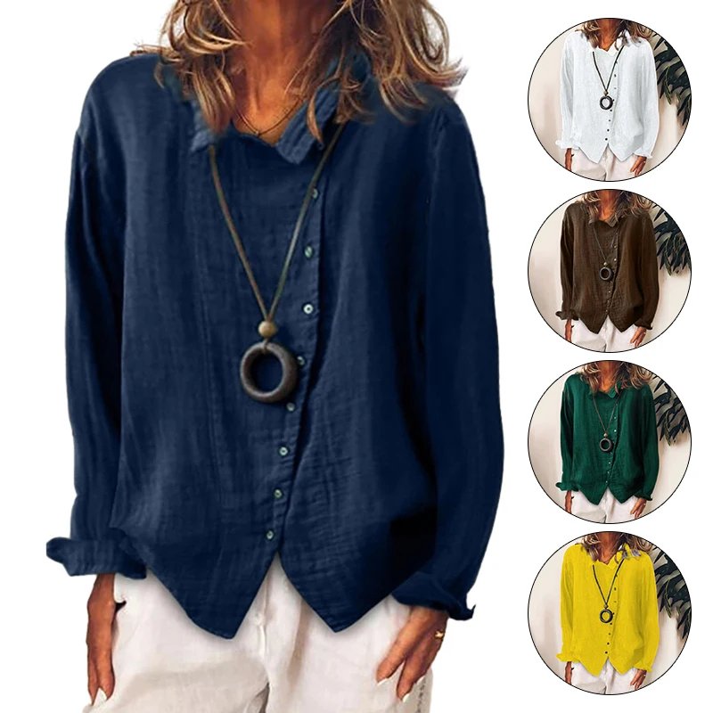 

Women Cotton Linen Long Sleeve Shirt Casual Loose Elegant Solid Harajuku Lapel Blouse Vintage Oversize Tops Y2K Streetwear