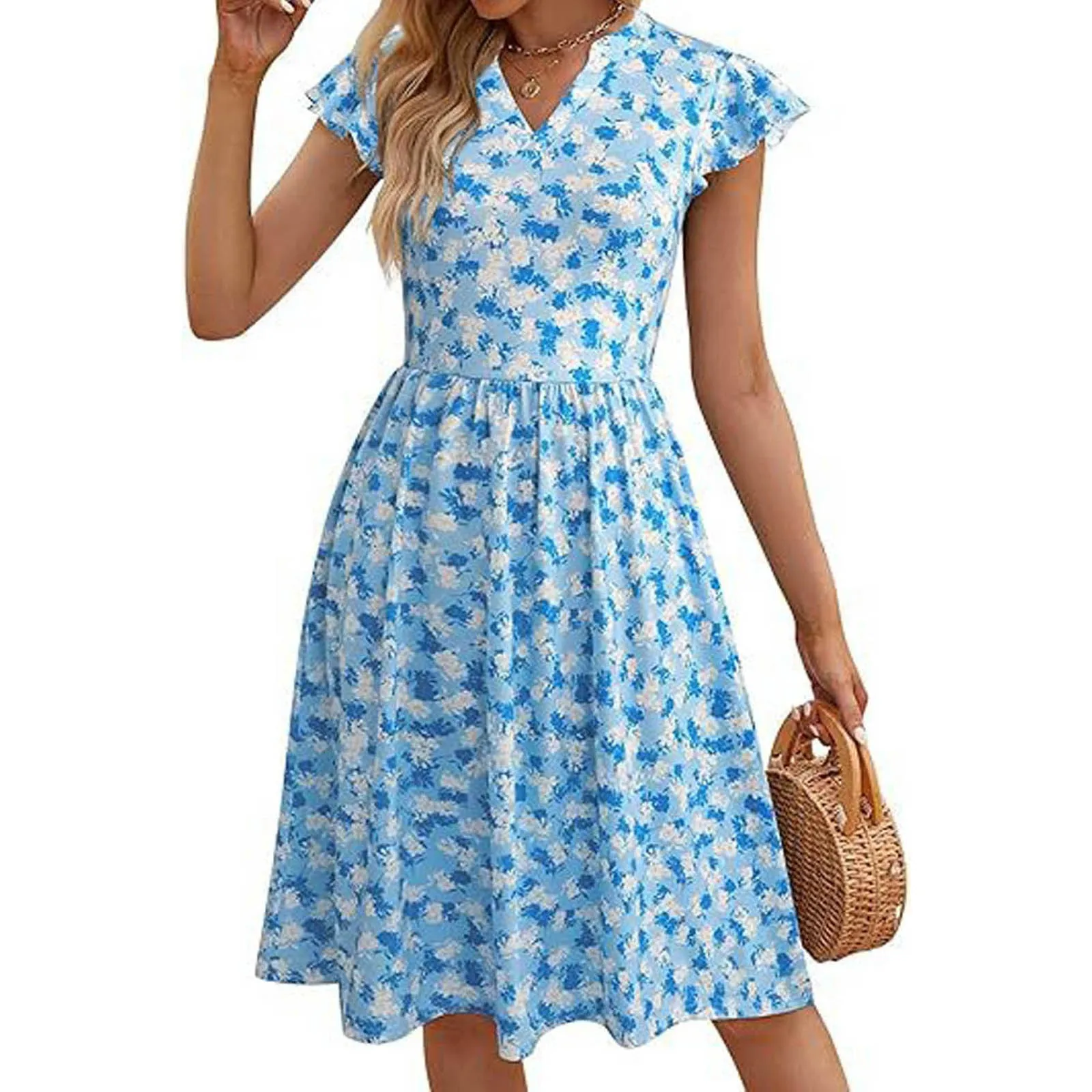 

V Neck Floral Casual Dresses for Women 2024 Slim Fit Flare Cap Sleeve A Line Knee Length Dress Street Boho Summer Beach Dress