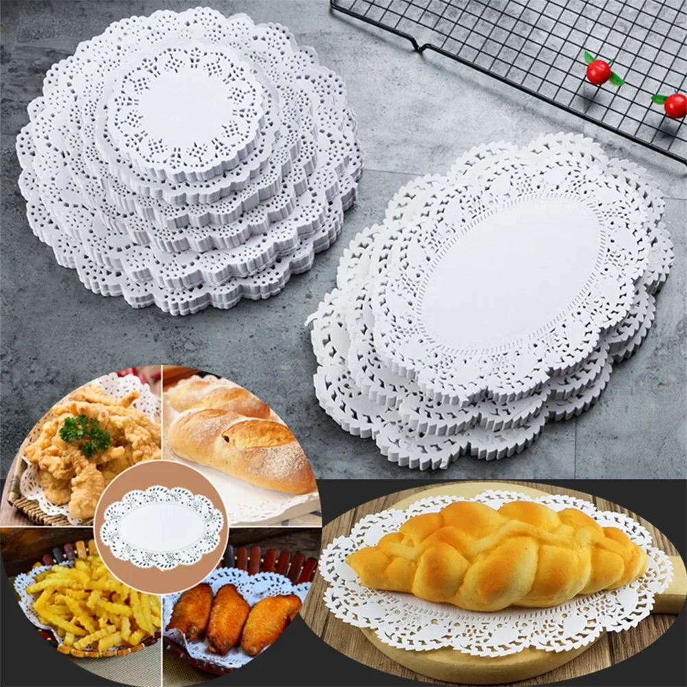 Round Flower Bottom Paper Placemat 140pc Fried Food Mat Dinner Plate Oil Absorbing Paper White Lace Dessert Napkin Baking Parts