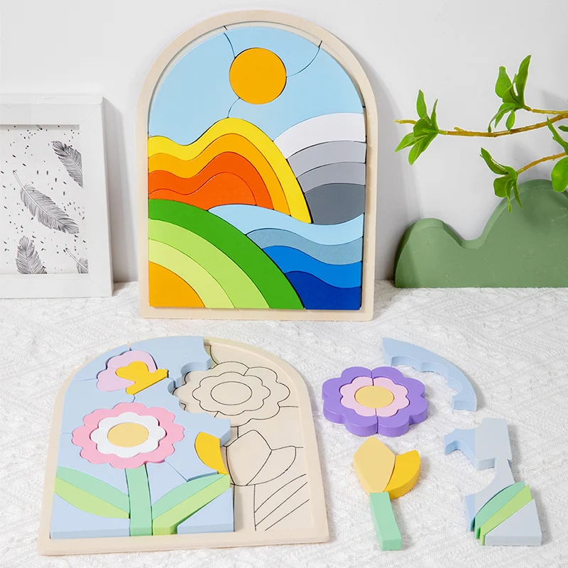 Wooden Rainbow Blocks Puzzle Rainbow Irregular Puzzles Shape And Color Cognitive Toys Early Educational Puzzle Toys 2