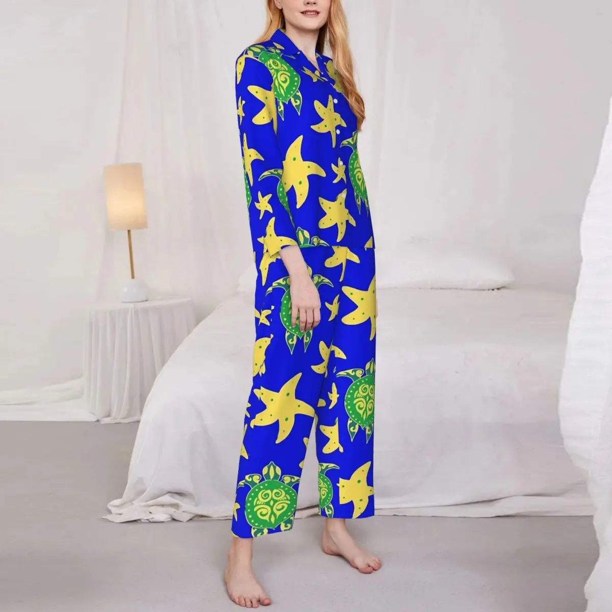 

Swimming Turtles Pajamas Women Starfish Print Romantic Daily Nightwear Spring 2 Pieces Vintage Oversized Custom Pajama Sets