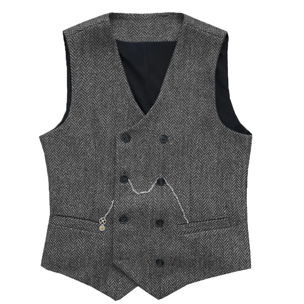 Men Vests Suit  Double-Breasted Tweed Waistcoat Brown Black For Groomsman Wedding